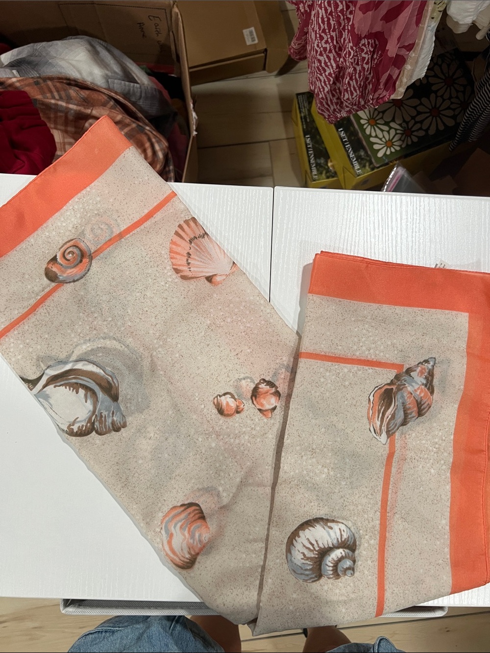 Source Unknown Seashell Print Scarf with Coral Border